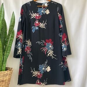 Now| Girls black floral flared long sleeve dress